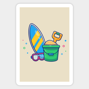 Surfboard, Snorkel sand And Bucket Cartoon Magnet